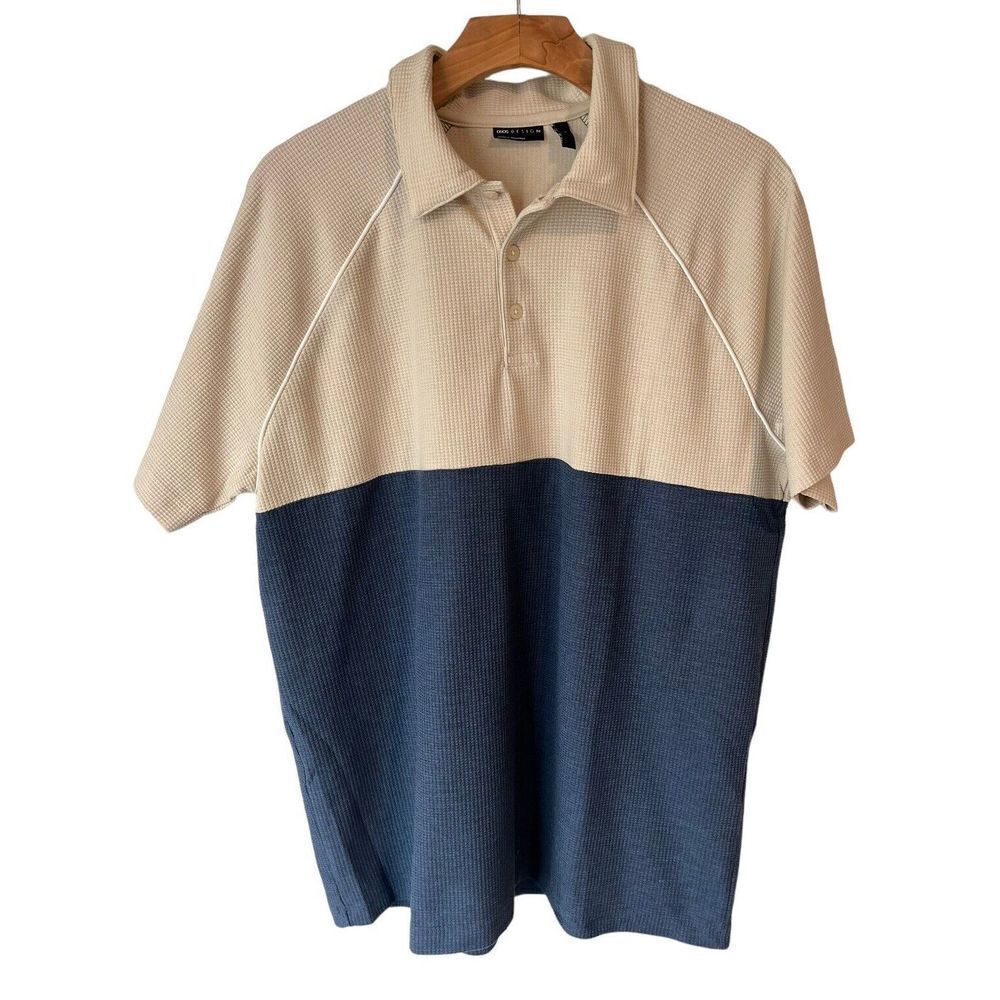 ASOS Shirt Mens Large Polo Tan Blue Color Block Casual Waffle Knit Short Sleeve